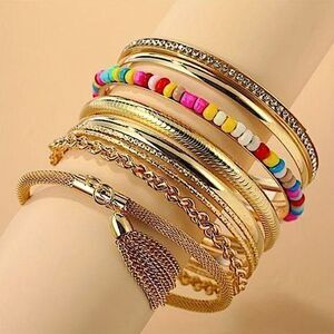 Boho Gold Tone Stackable Bracelet Set w/ Colorful Beads & Tassel Fashion Jewelry
